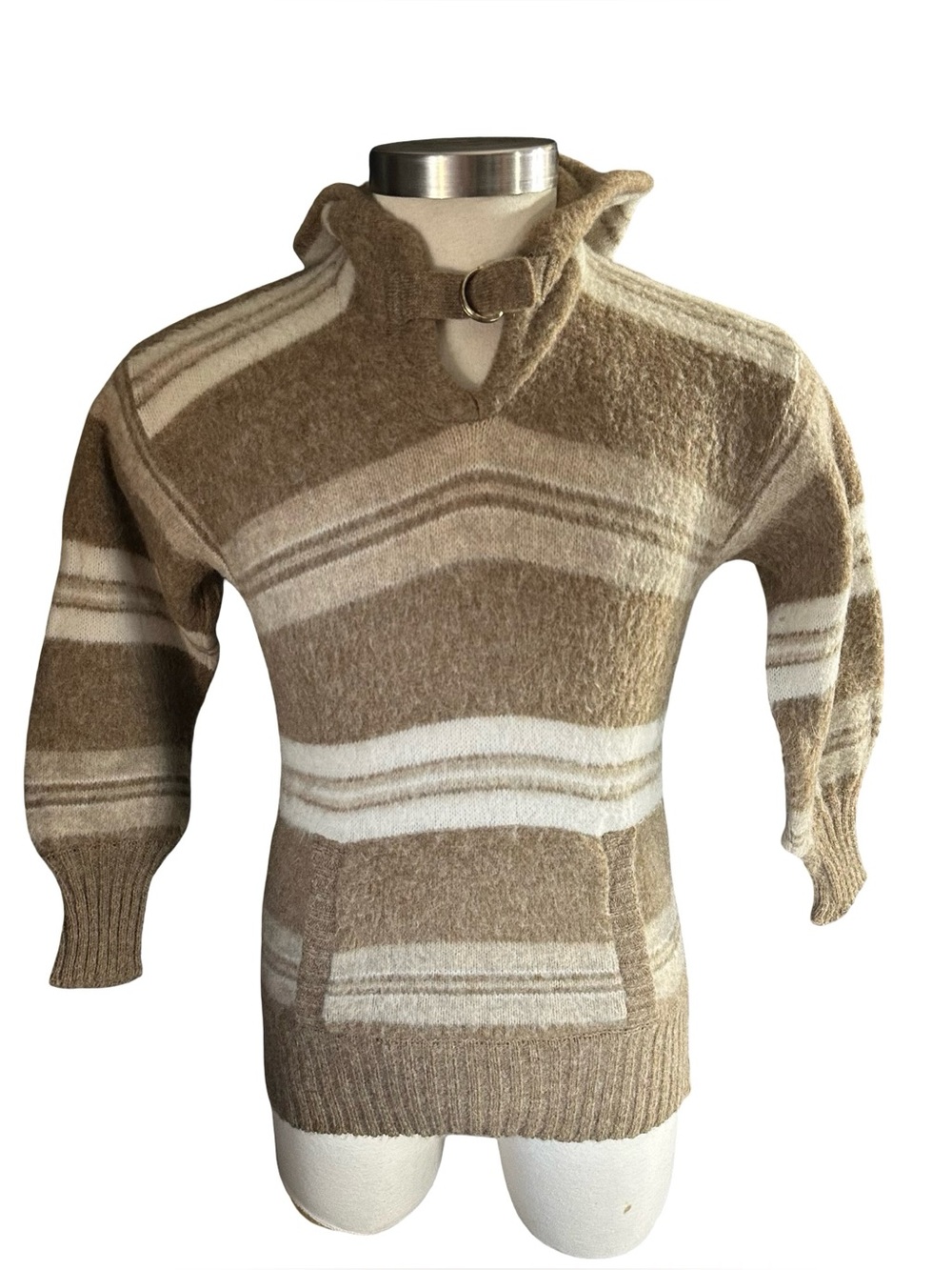Vtg Mondi West Germany Wool Alpaca Hoodie Sweater Striped D-Ring Womens Sz M 14